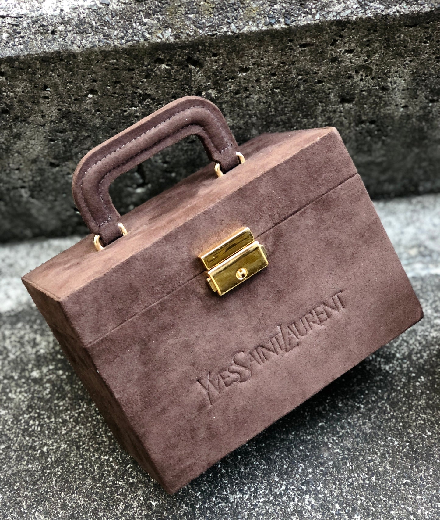 Yves Saint Laurent Logo embossed Suede Vanity bag Handbag Brown Vintage Old YSL vhfxdu