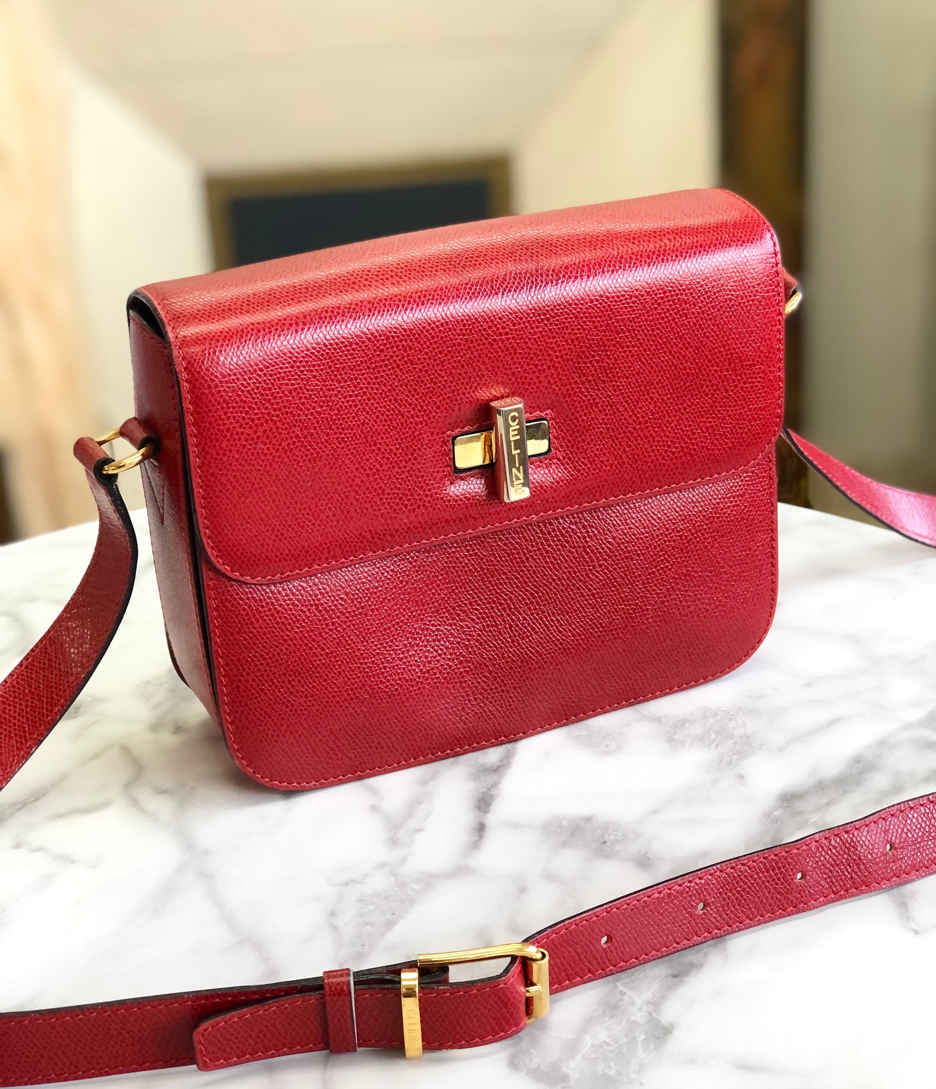 Celine, Bags, Celine Turnlock Red Leather Backpack Authenticity Certified