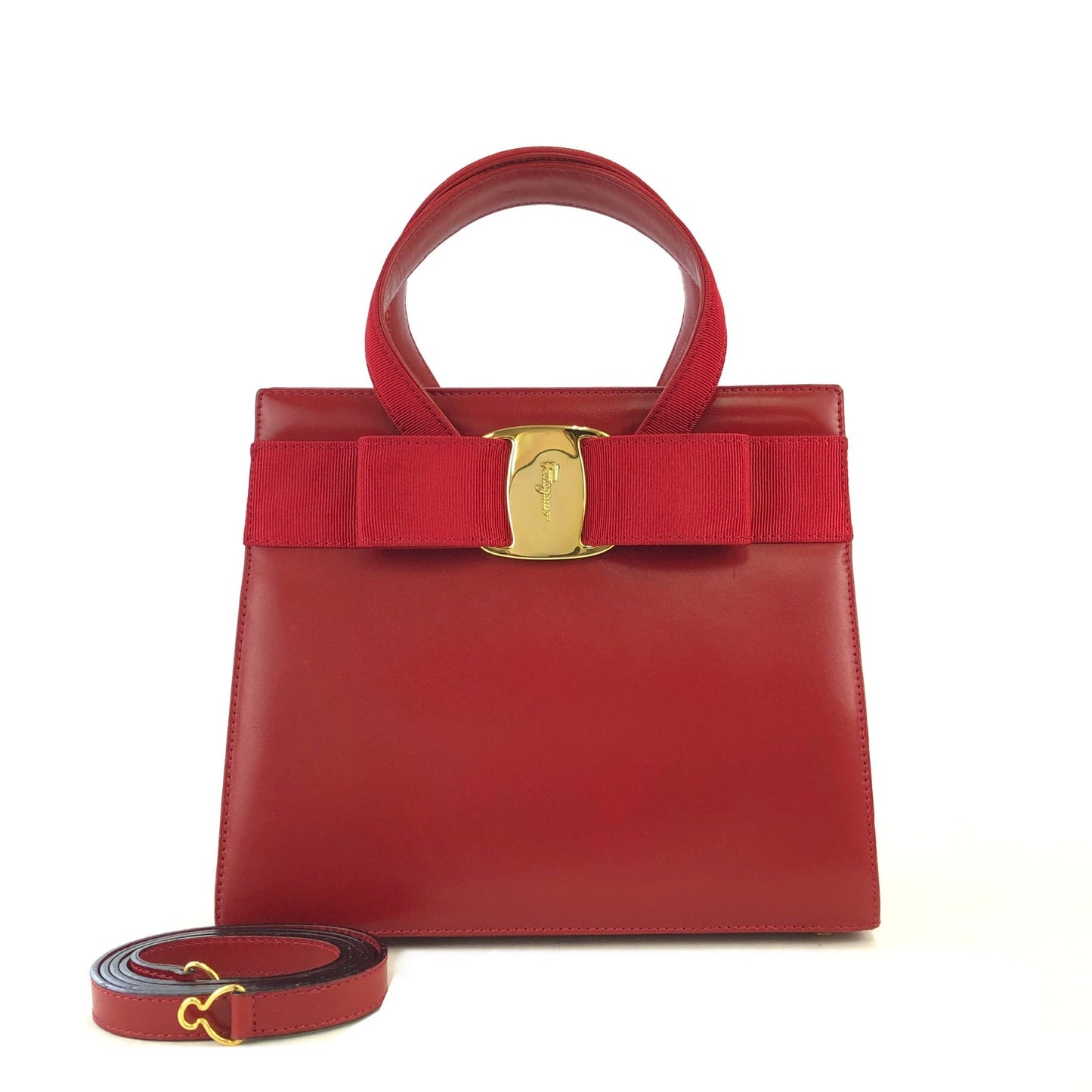 Salvatore Ferragamo Vala Ribbon Leather 2WAY Handbag Shoulder Bag Red vintage Old ihppdc