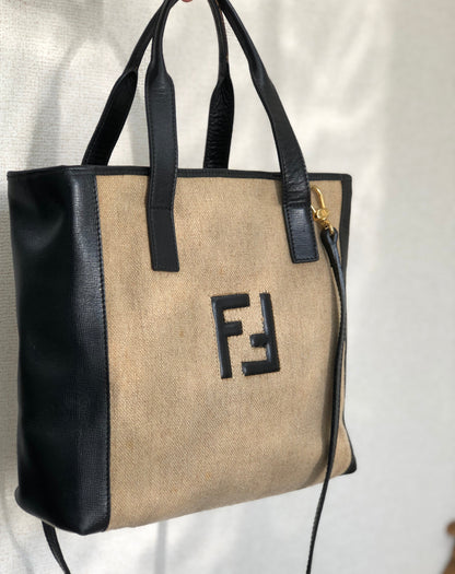 FENDI Logo Canvas Tote bag Shoulder bag Beige Old Vintage daa3k5