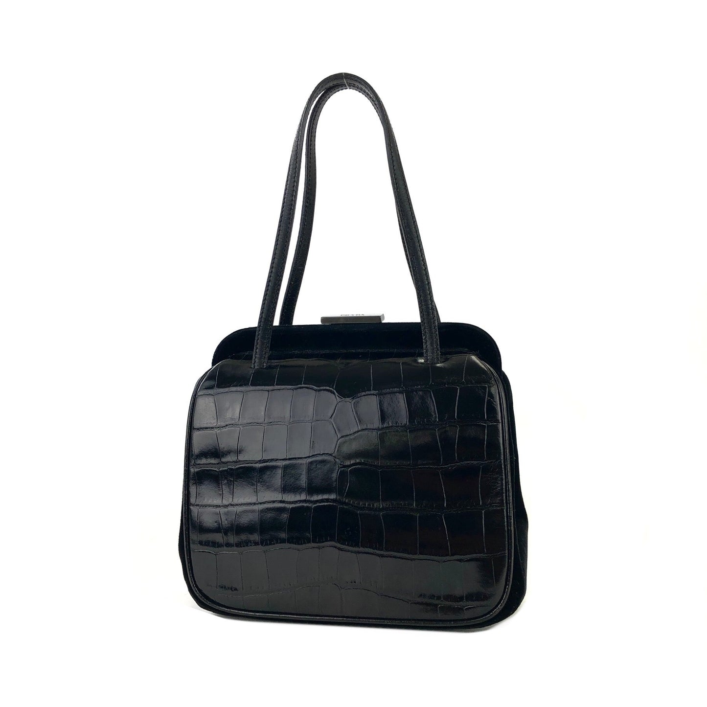 PRADA Crocodile emboss Leather Velour Purse bag Handbag Black Vintage sx2vcj