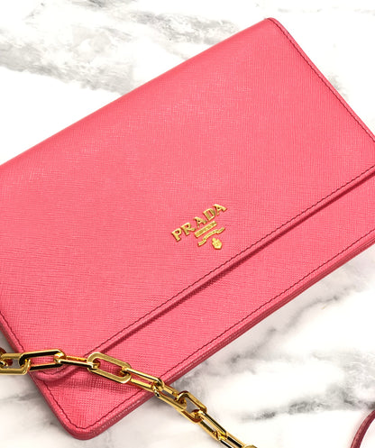 PRADA Logo Saffiano leather Chain Wallet Shoulderbag 1M1405 Pink Vintage Old jz8uth