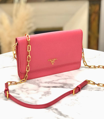 PRADA Logo Saffiano leather Chain Wallet Shoulderbag 1M1405 Pink Vintage Old jz8uth