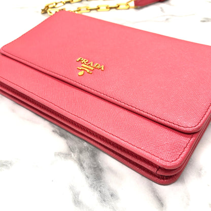 PRADA Logo Saffiano leather Chain Wallet Shoulderbag 1M1405 Pink Vintage Old jz8uth