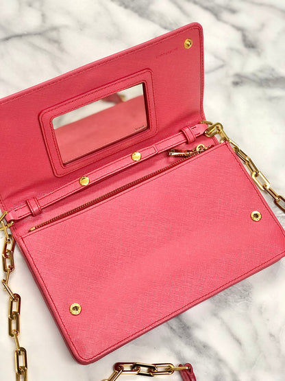 PRADA Logo Saffiano leather Chain Wallet Shoulderbag 1M1405 Pink Vintage Old jz8uth