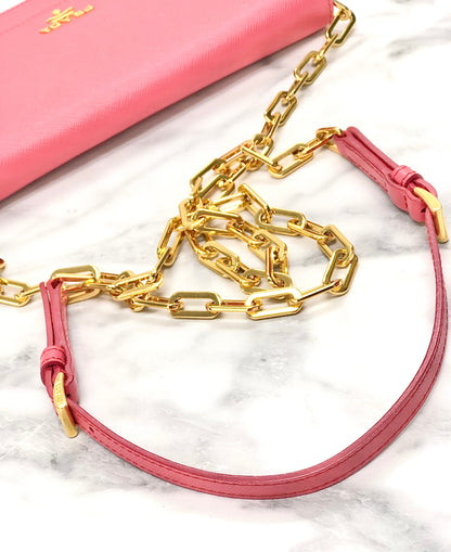 PRADA Logo Saffiano leather Chain Wallet Shoulderbag 1M1405 Pink Vintage Old jz8uth