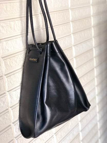 GUCCI Logo Leather Drawstring Shoulder bag Handbag Black Vintage Old Gucci pih6he