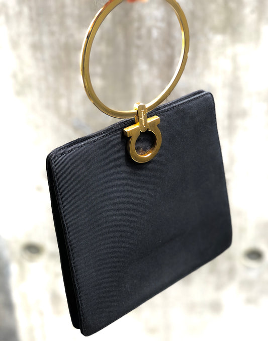 Salvatore Ferragamo Gancini Fabric Metal Round handle Handbag black Old Vintage old x53743