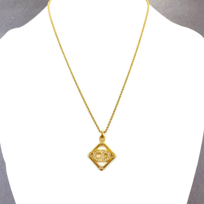 Christian Dior CD logo Rhinestone Square Necklace Gold Vintage Old jxfni8