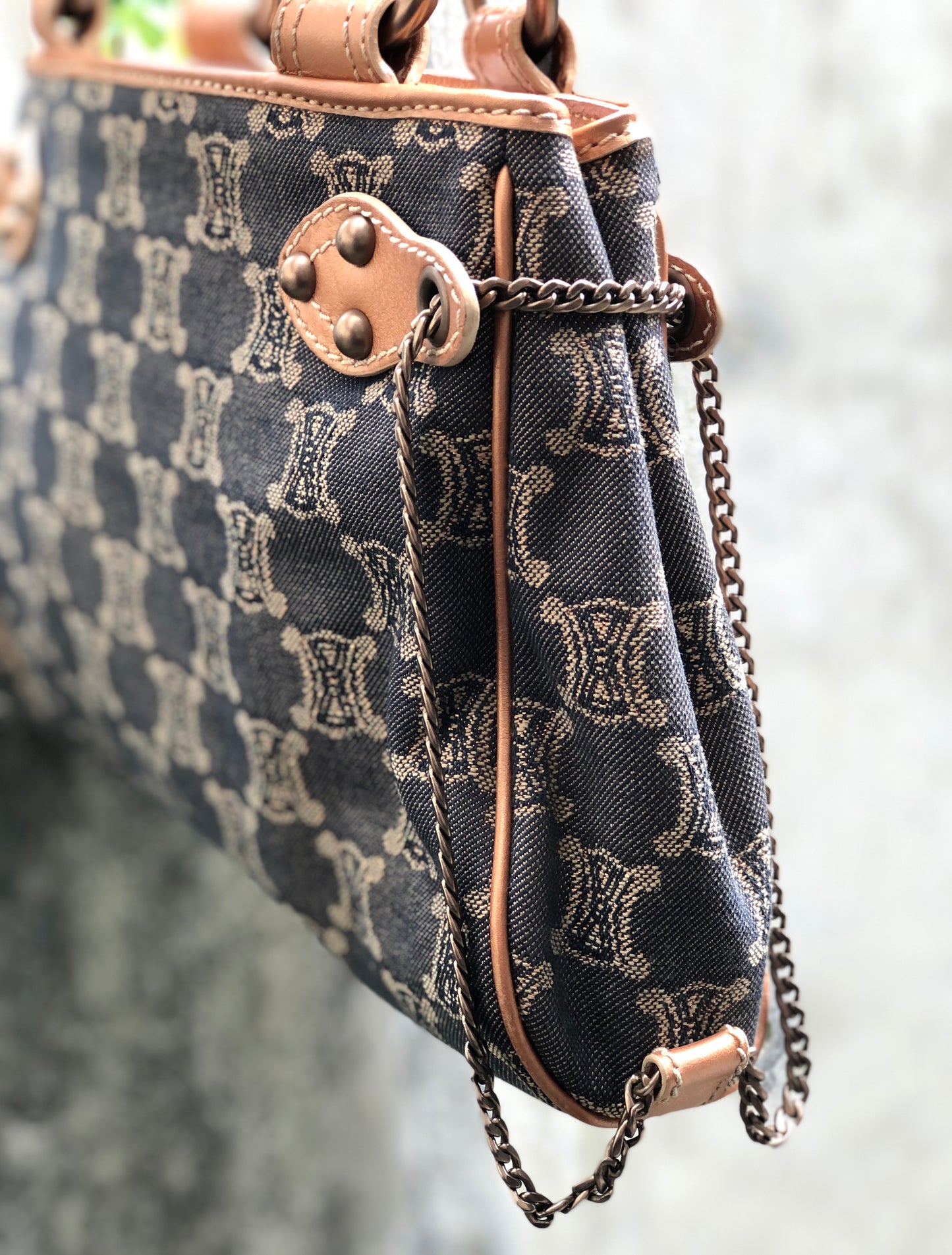 CELINE Paris Macadam Handbag Side chain leather Denim Vintage Old CELINE dgpyzj