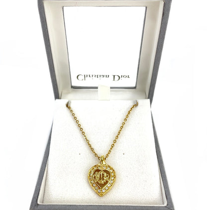 Christian Dior Emblem Stone Heart Necklace Gold Vintage Old 5mr7zs