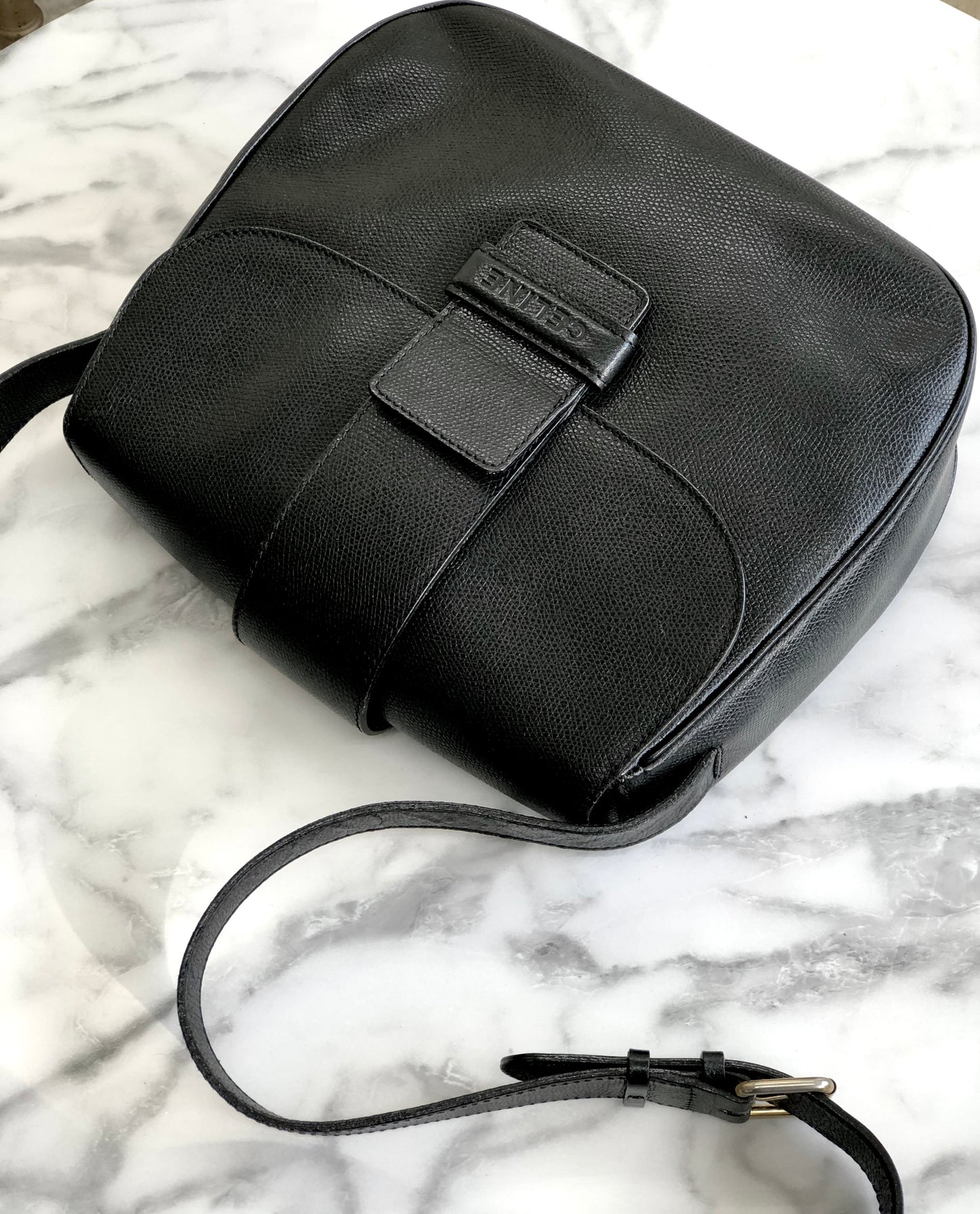 CELINE Logo Shoulder bag Embossed leather Black Old Celine vintage rg5355