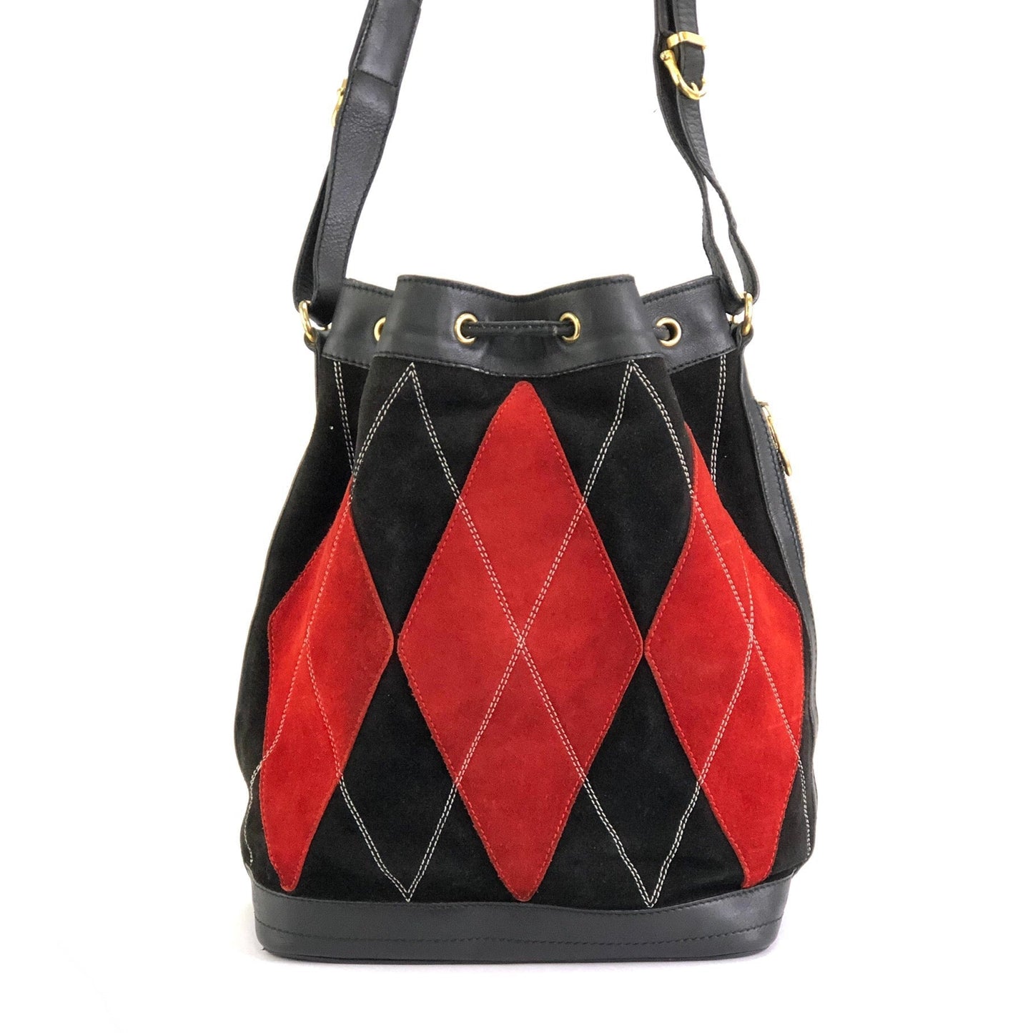CELINE Argyle Mantel Drawstring Bag Bicolor Suede Leather Shoulder Bag Black Red Vintage Old Celine a764mf