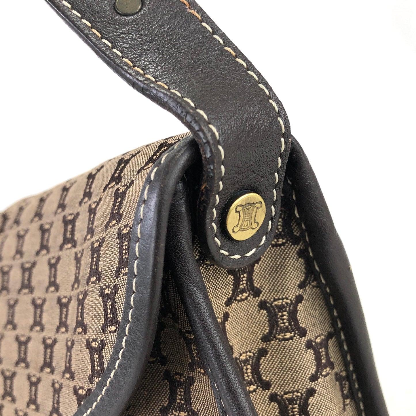 CELINE Macadam Fabric Studs Handbag Brown Vintage Old CELINE dr2645