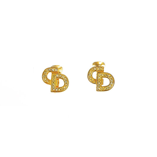 Christian Dior CD Stone Earrings Gold Vintage Old 4knmy6
