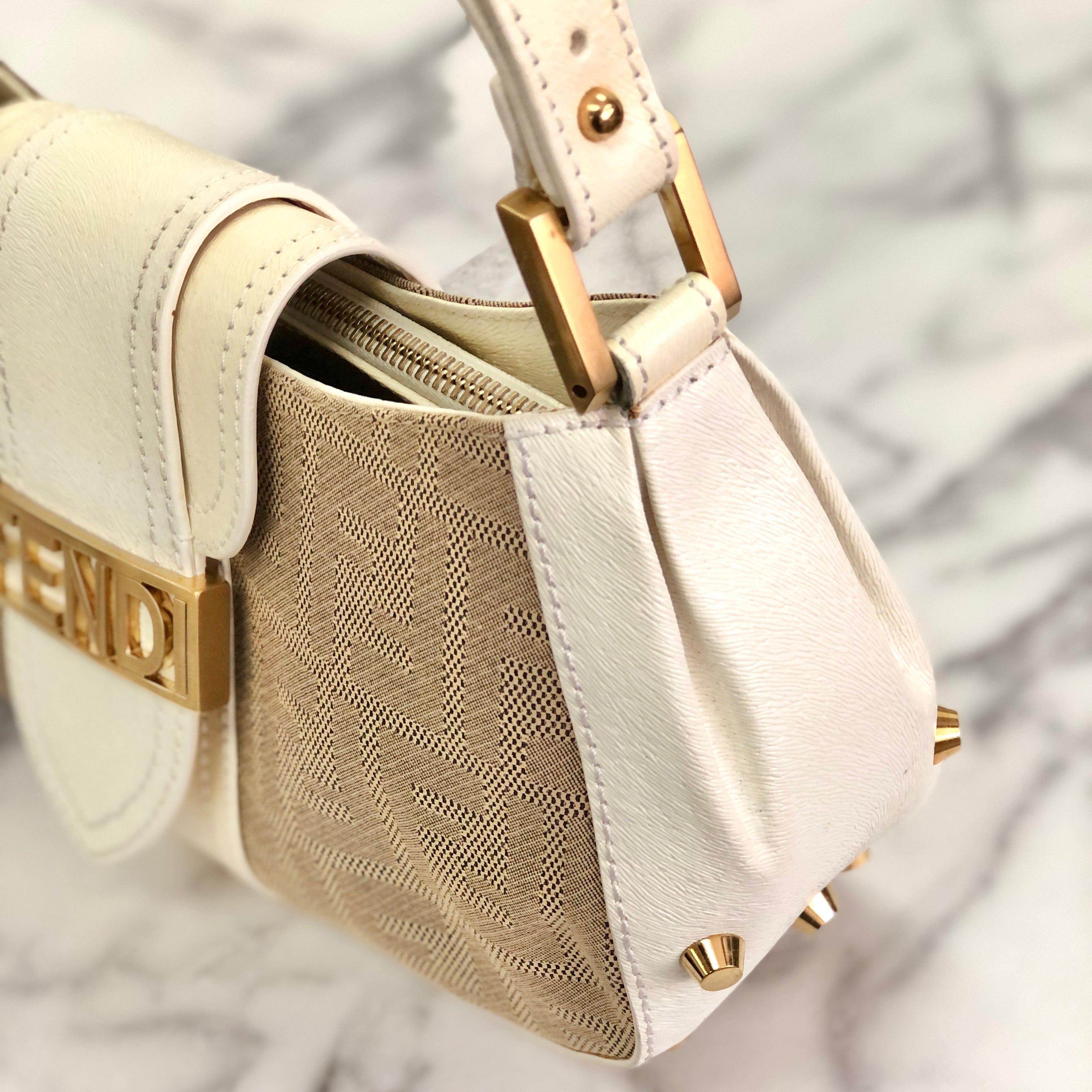 FENDI canvas leather studs mini bag handbag beige white vintage old 26 VintageShop solo