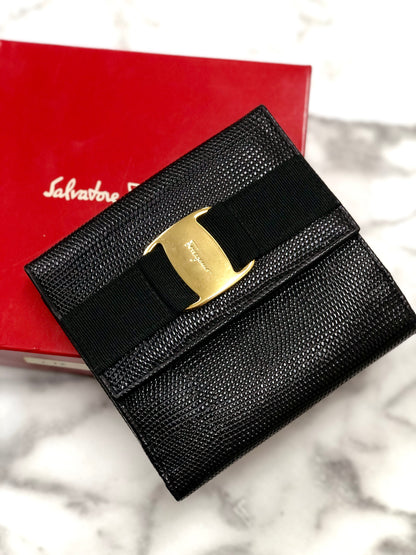 Salvatore Ferragamo Vala ribbon Lizard Mini Wallet Coin purse Black Vintage Old 8znjzn