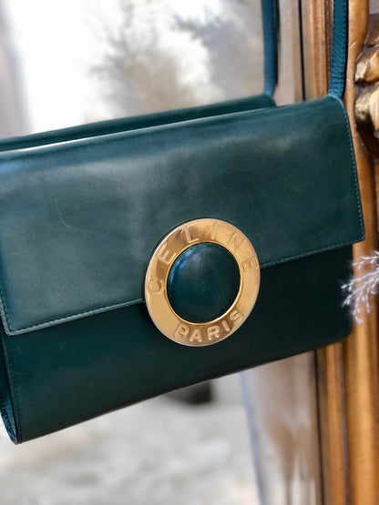 CELINE 圓形標誌皮革肩背包手拿包綠色復古舊 Celine 636zzy