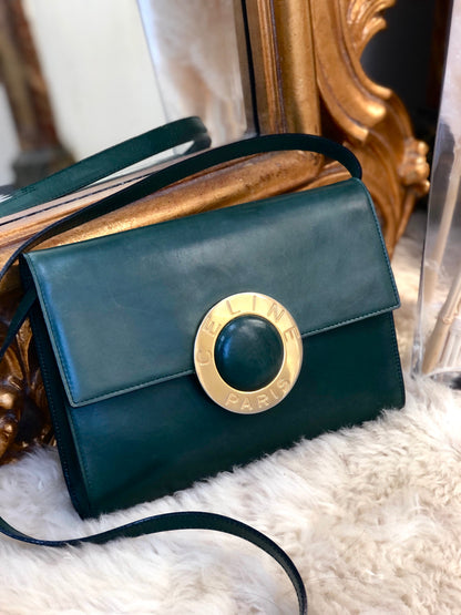 CELINE 圓形標誌皮革肩背包手拿包綠色復古舊 Celine 636zzy