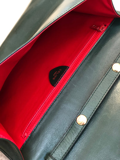 CELINE 圓形標誌皮革肩背包手拿包綠色復古舊 Celine 636zzy