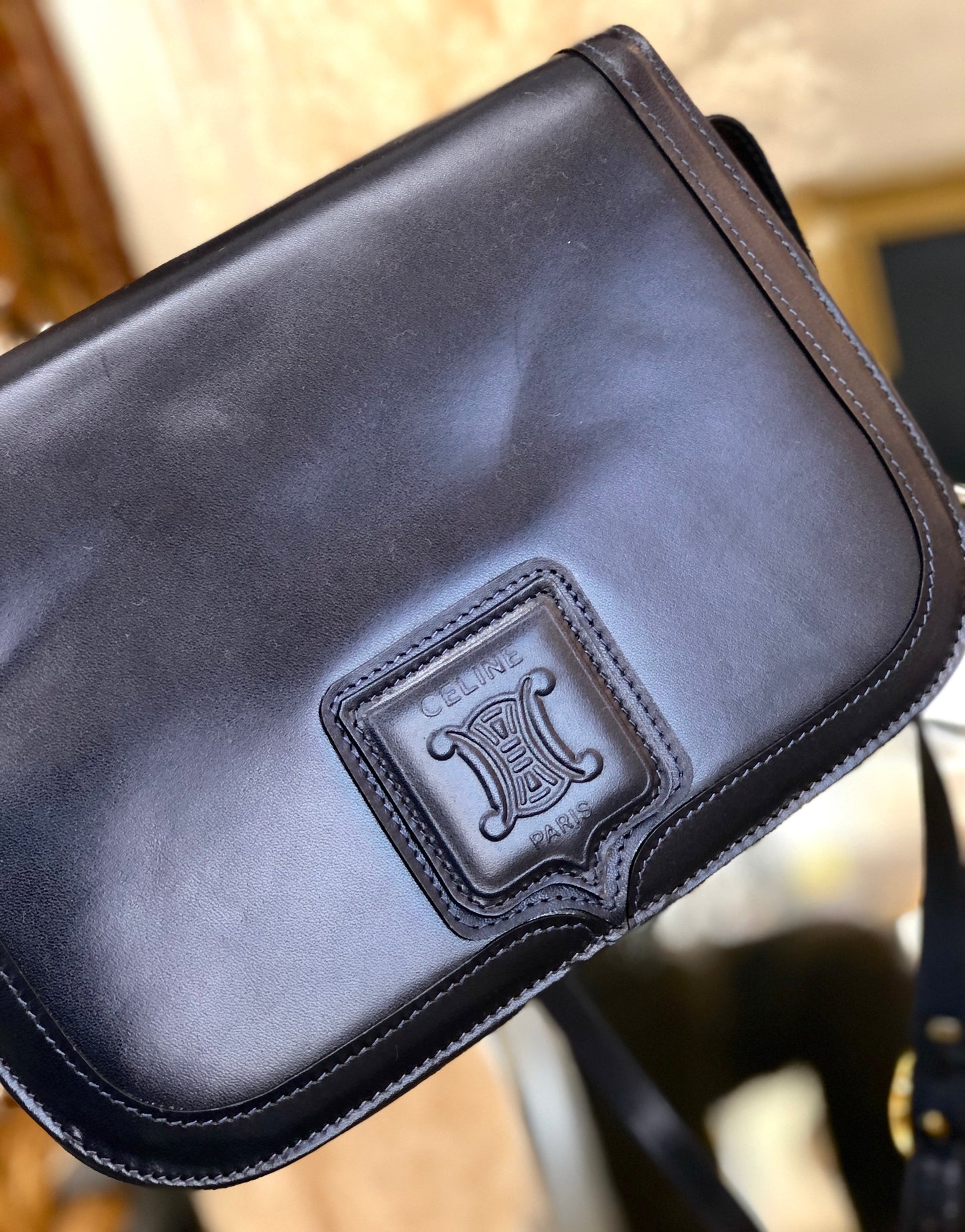 CELINE Blason embossed Leather Crossbody Shoulder Bag Navy Vintage Old celine iz3ix6