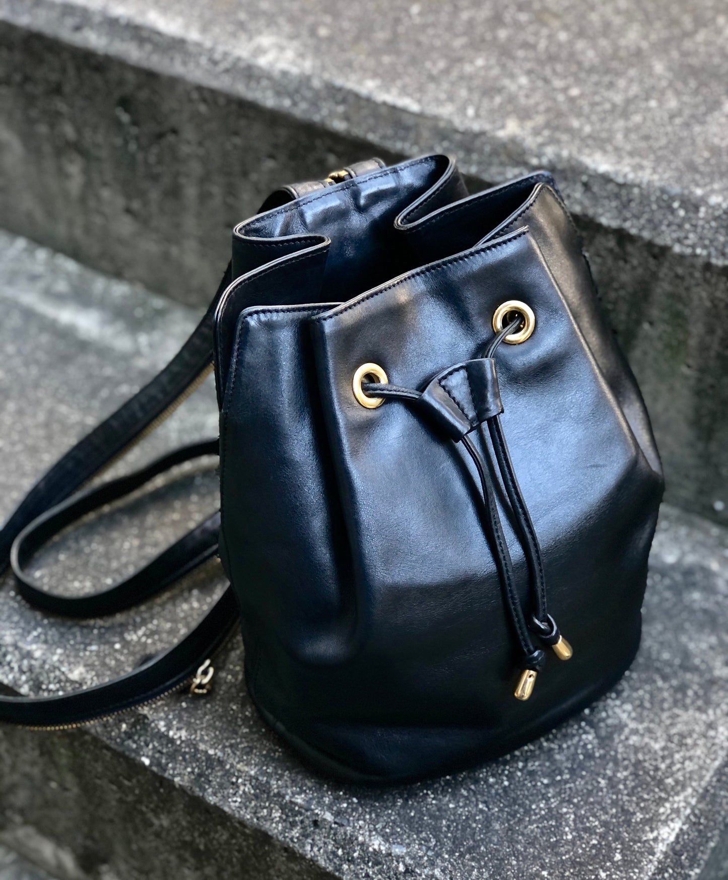 Christian Dior Drawstring Leather Backpack One shoulder bag Black Vintage visxpe