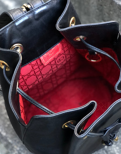 Christian Dior 抽繩皮革背包 單肩包 黑色 復古 visxpe