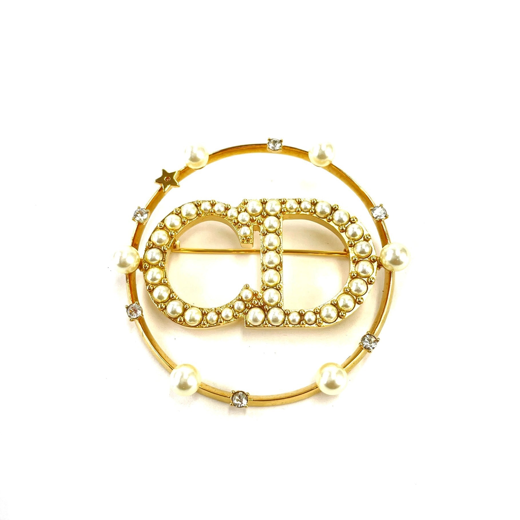 Christian Dior Logo Pearl Stone CLAIR D LUNE Brooch Gold Accessory