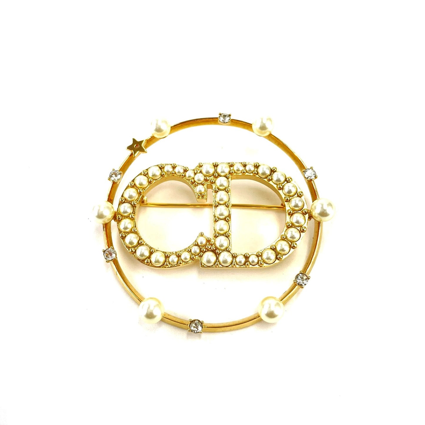 Christian Dior Logo Pearl Stone CLAIR D LUNE Brooch Gold Accessory ee6t7m