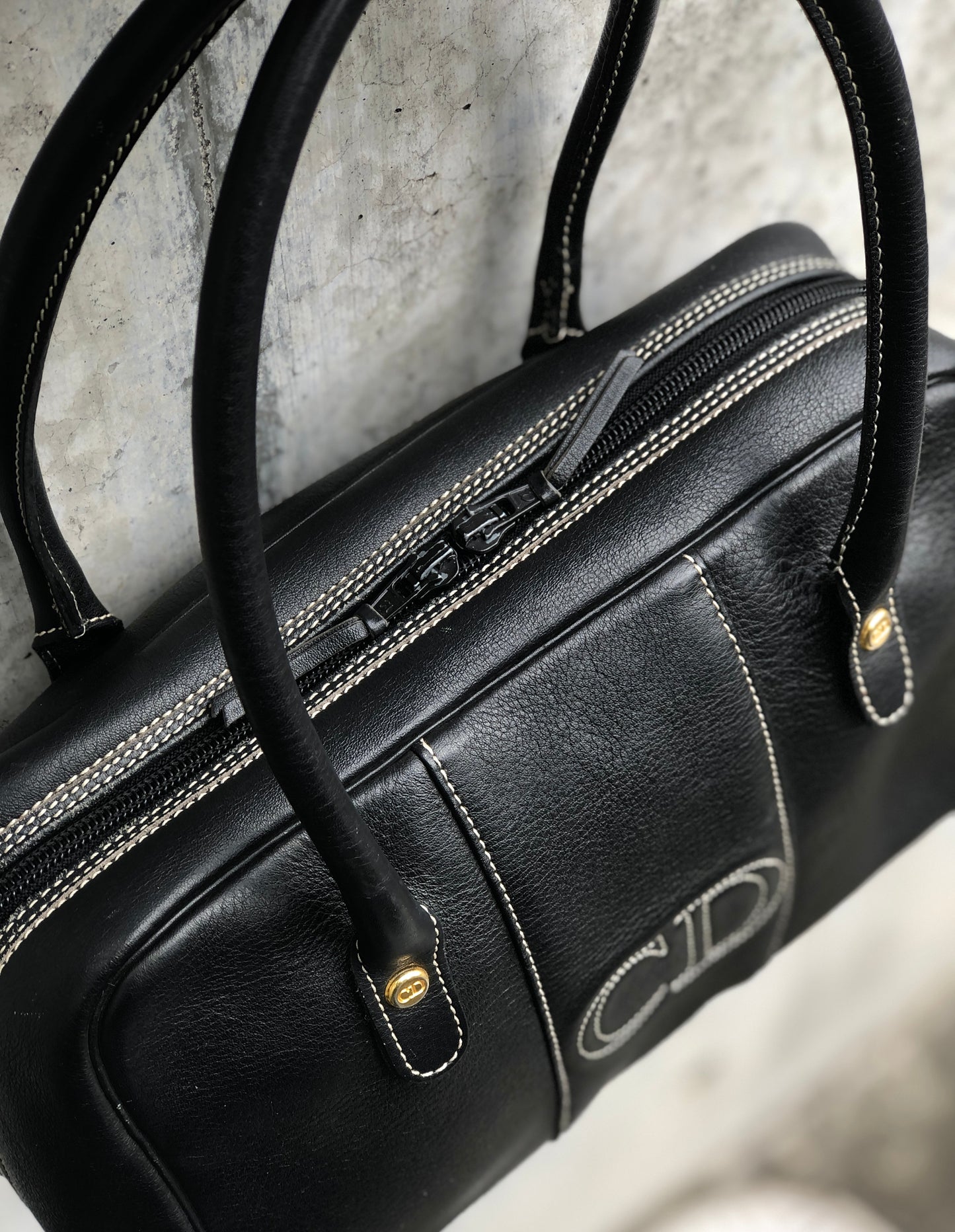 Christian Dior CD Stitch Handbag mini Boston bag Leather emboss Black v6n86k