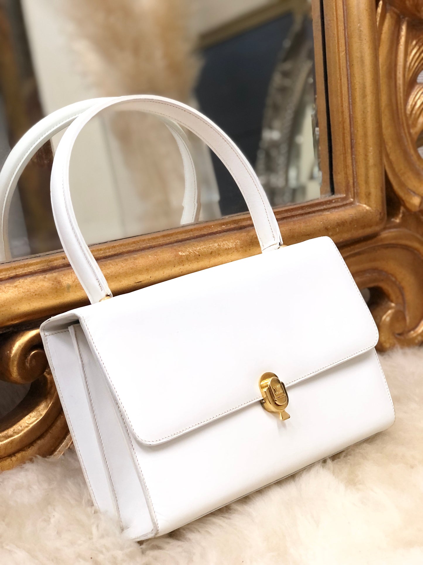 Celine Blason Rock Leather Handbag Top Handle White Vintage Old Celine dd34ix