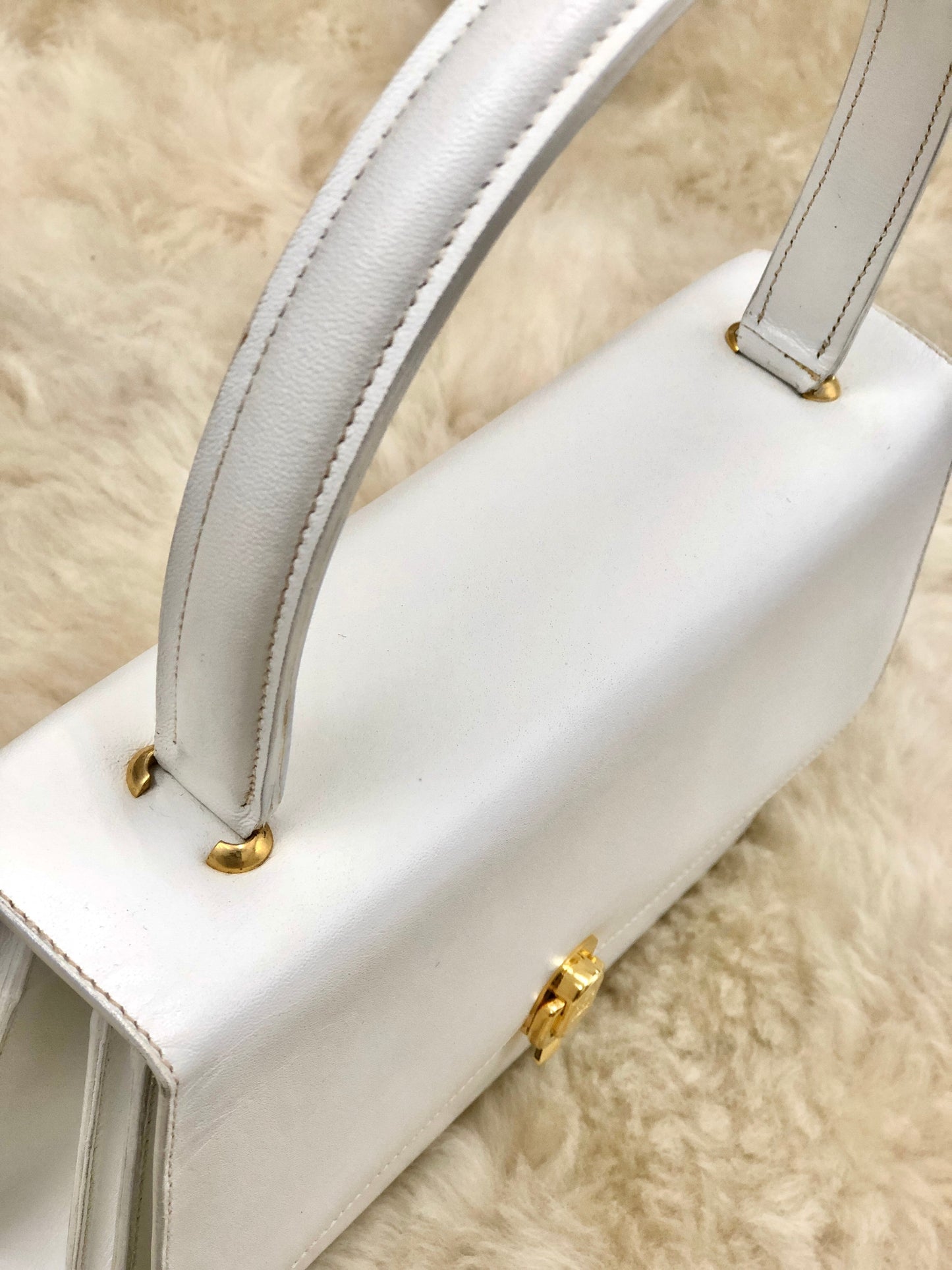 Celine Blason Rock Leather Handbag Top Handle White Vintage Old Celine dd34ix