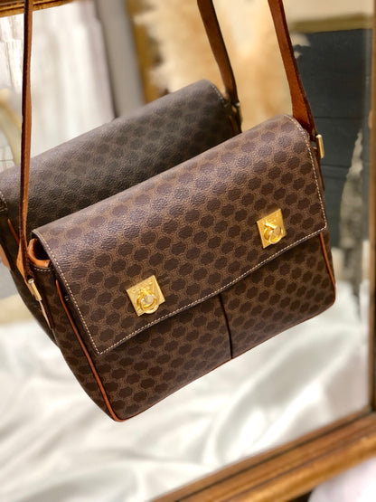 CELINE Macadam Double Gancini Flap Crossbody Shoulder Bag Brown Old Celine Vintage p3p8yc