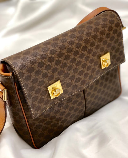 CELINE Macadam Double Gancini Flap Crossbody Shoulder Bag Brown Old Celine Vintage p3p8yc