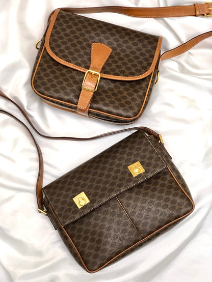 CELINE Macadam Double Gancini Flap Crossbody Shoulder Bag Brown Old Celine Vintage p3p8yc