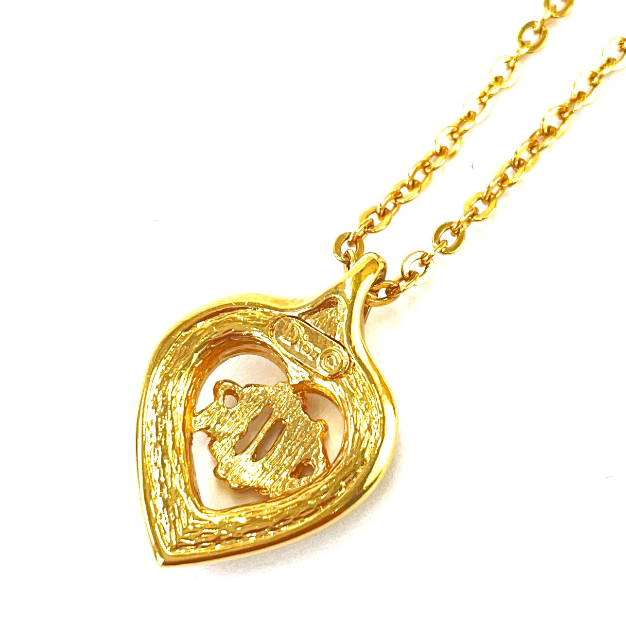 Christian Dior Emblem logo Stone Heart Necklace Gold Vintage Old uvpd8f