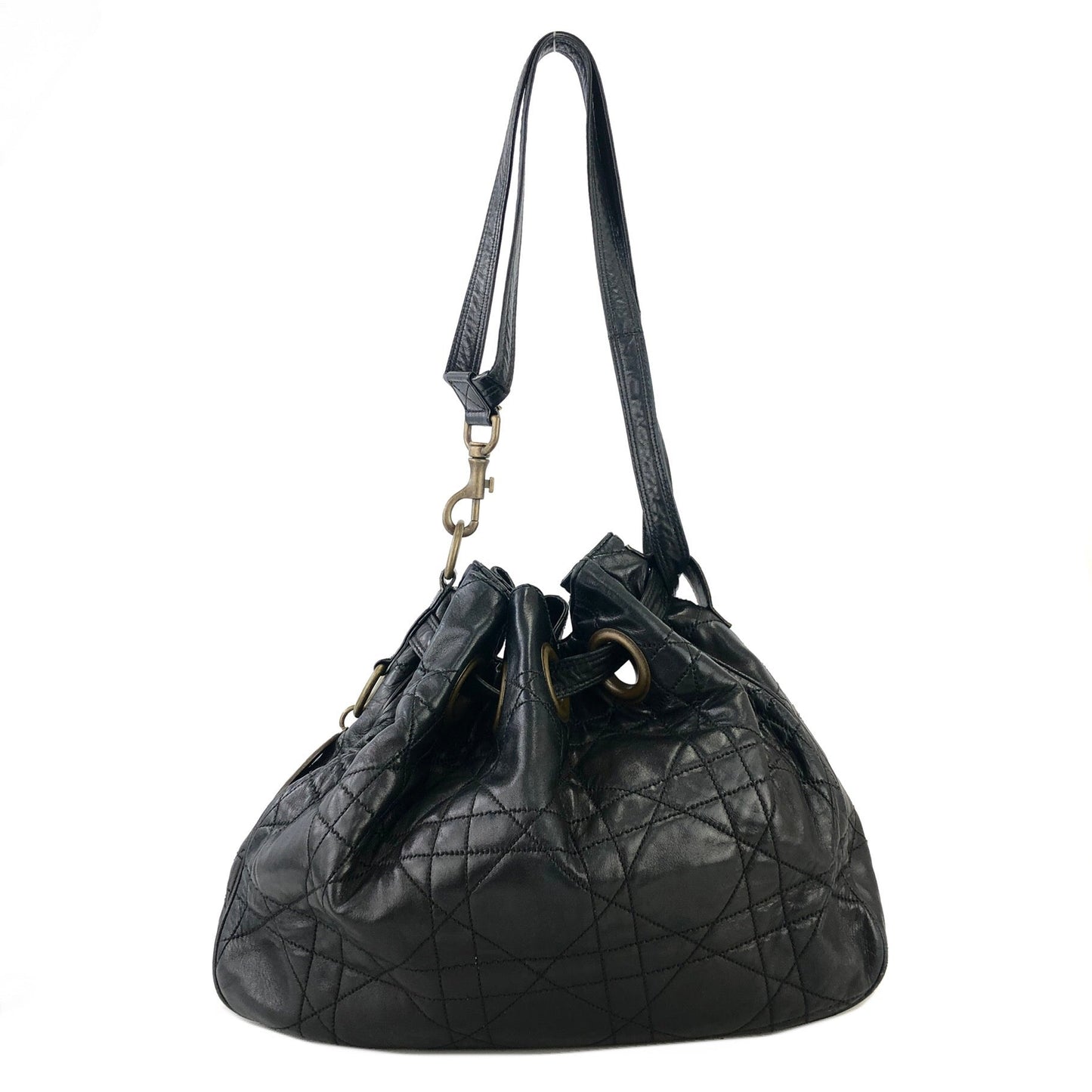 Christian Dior Cannage Lady dior D Charm Drawstring Shoulder bag  Black Vintage Old eh247e