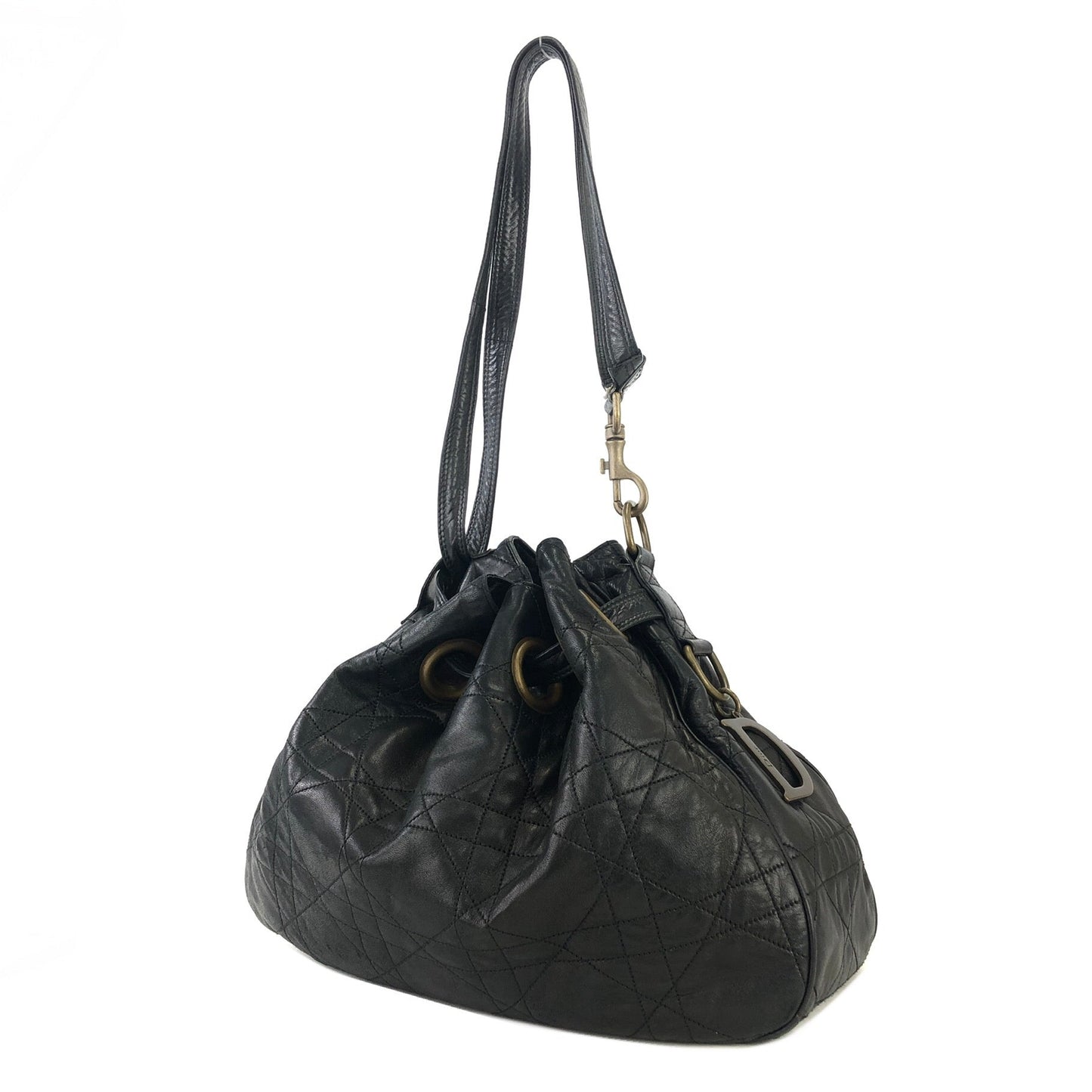 Christian Dior Cannage Lady dior D Charm Drawstring Shoulder bag  Black Vintage Old eh247e