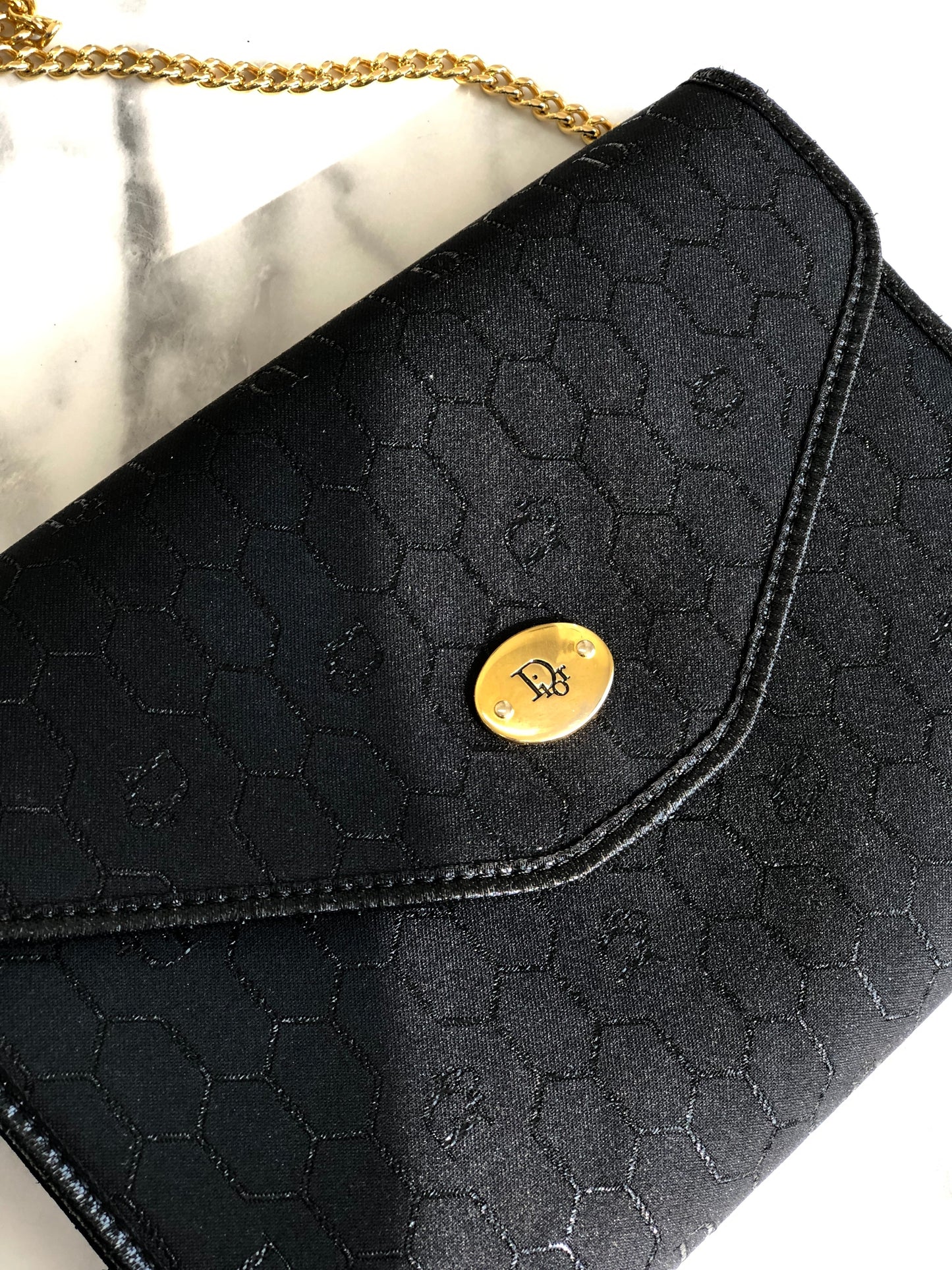 Christian Dior Logo Honeycomb Pattern Jacquard Chain Crossbody Shoulderbag Black Vintage Old dpesed