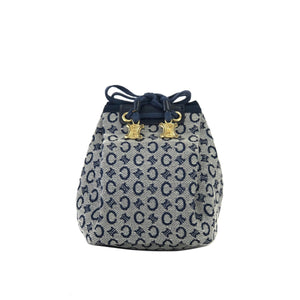 CELINE C Macadam Triomphe Drawstring Pouch Handbag Microbag Navy Vintage Old Celine 62hxns