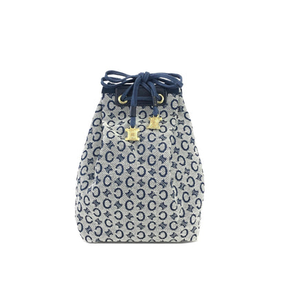 CELINE C Macadam Triomphe Drawstring Pouch Handbag Minibag Navy Vintage Old Celine xmursd