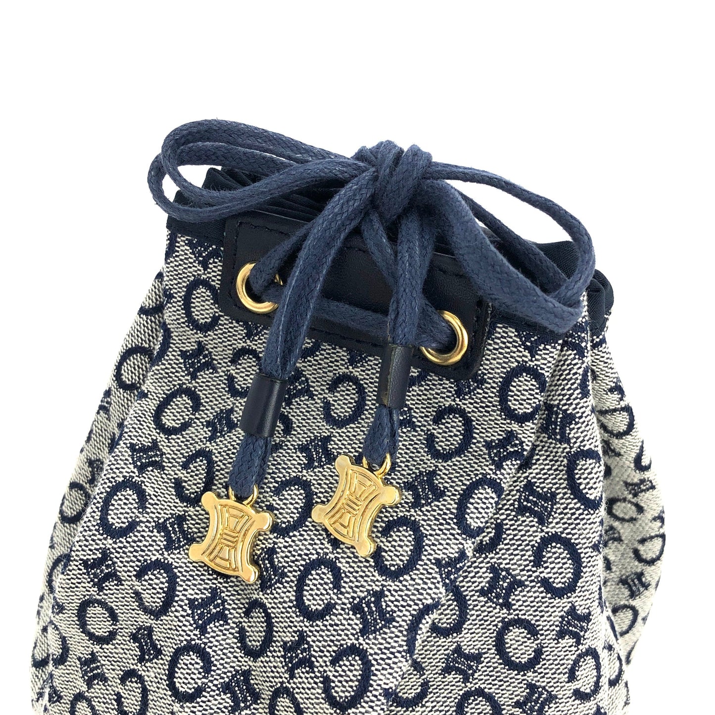 CELINE C Macadam Triomphe Drawstring Pouch Handbag Minibag Navy Vintage Old Celine xmursd