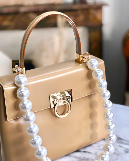 Salvatore Ferragamo Gancini Pearl Handle Handbag Beige Vintage Old n8hzha
