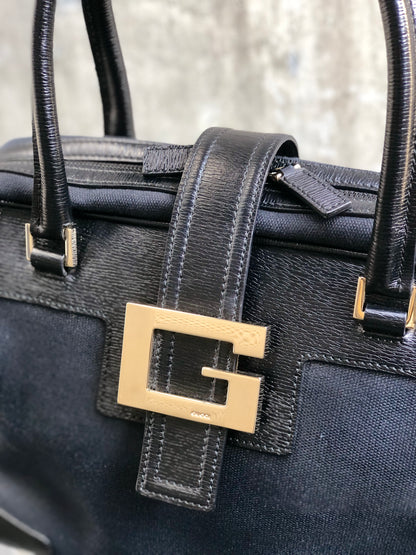 GUCCI handle Leather Jacquard Handbag boston black Vintage Old gucci v46vfa