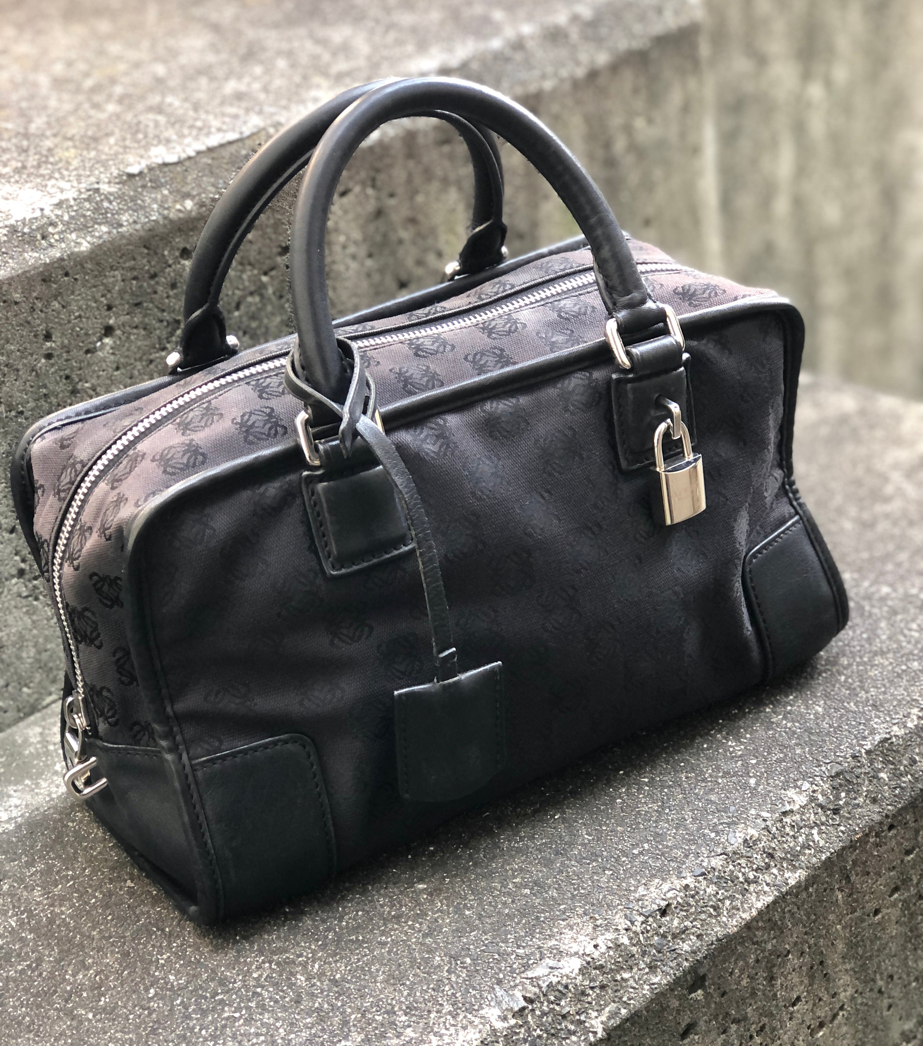 Loewe Pattern LOEWE Amazona 28 Anagram Pattern Jacquard Bostonbag Handbag Black Vint ...
