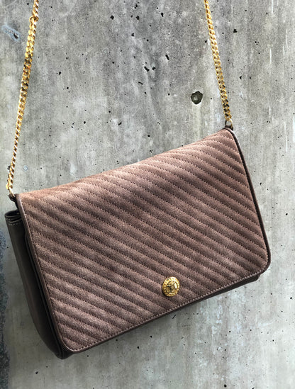 CELINE Blason 斜紋縫線絨面革鏈條斜挎迷你肩包棕色舊款 CELINE Vintage dajnrn