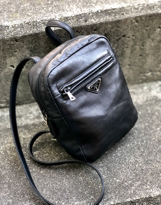 PRADA Triangle logo Nappa leather Small Backpack Black Vintage Old exb4f3