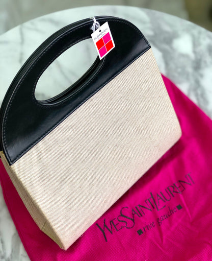 Yves Saint Laurent canvas leather switching handbag beige black vintage old upyt6w