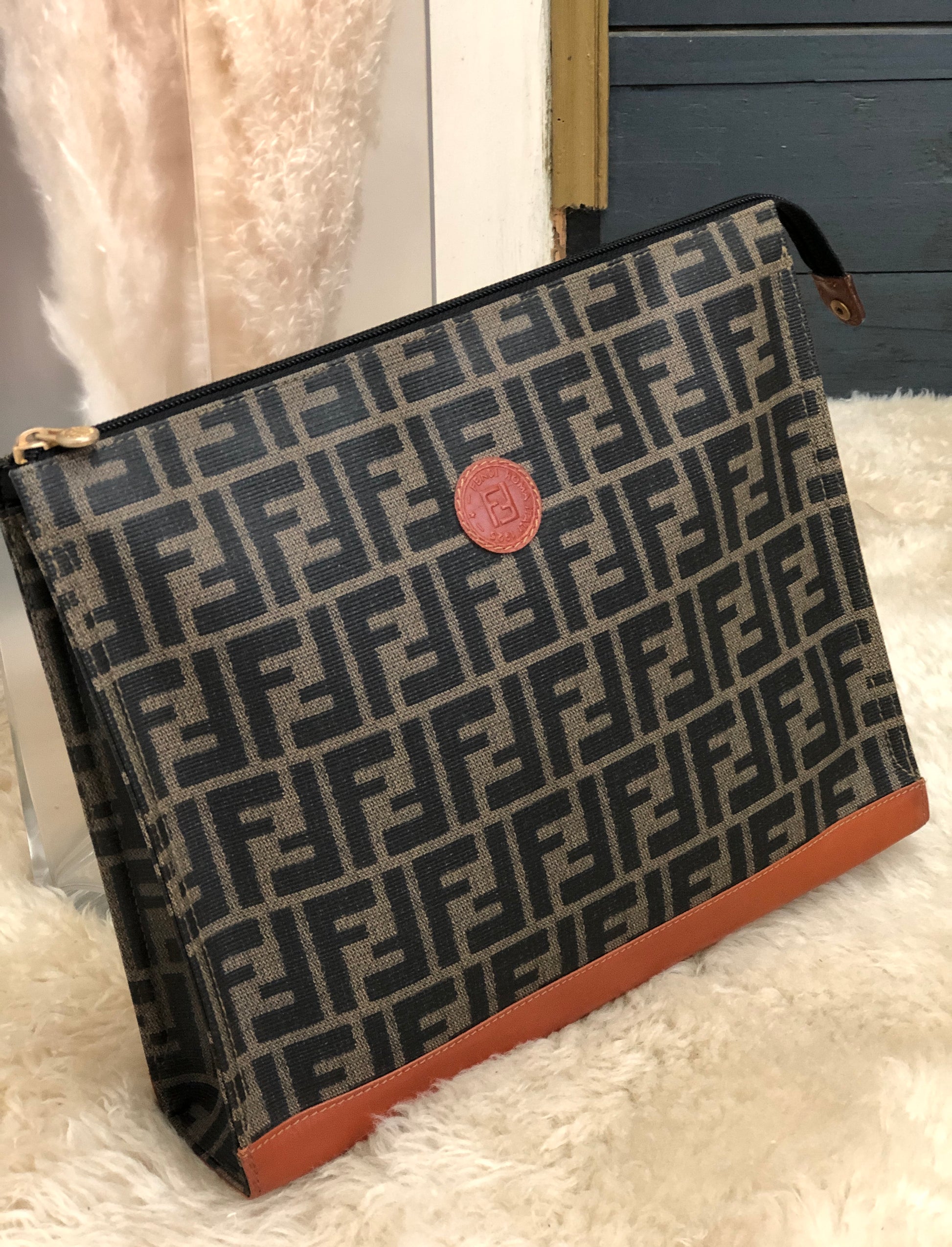 Fendi flat clutch bag in vitrified fabric with FF logo