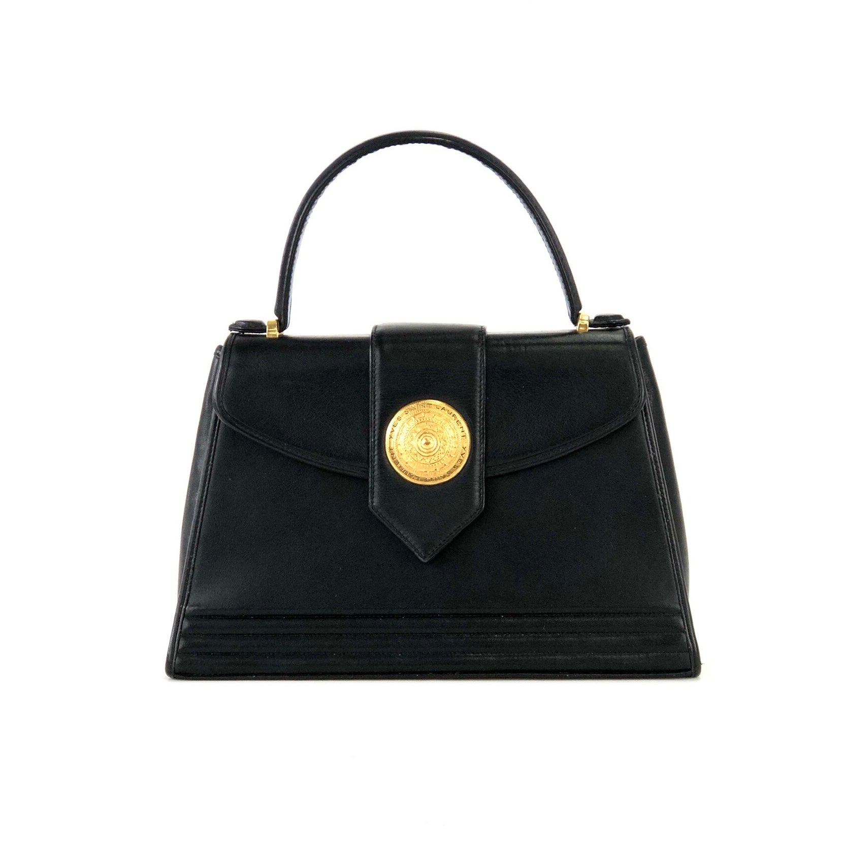 Yves Saint Laurent medal motif leather kelly type handbag black vintage old  jkxaba